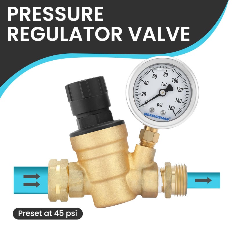 MEASUREMAN Handle Adjustable RV Water Pressure Regulator, 3/4â€™â€™ Thread & Lead-Free Brass, Pressure Gauge 1/4â€™â€™ NPT & 160psi, Inlet Screened Filter For Camper, Trailer, RV, Garden, Plumbing System - Image 2